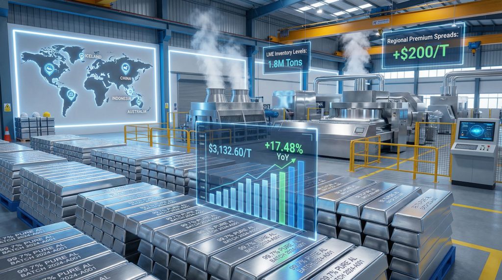 Aluminium price rally; factory with data displays.