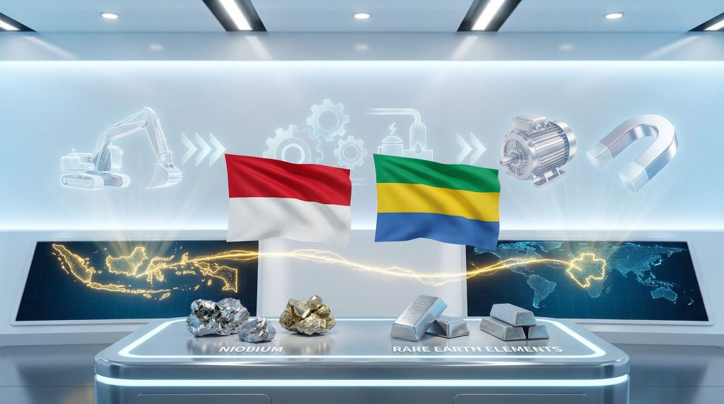 Indonesia and Gabon flags with minerals.