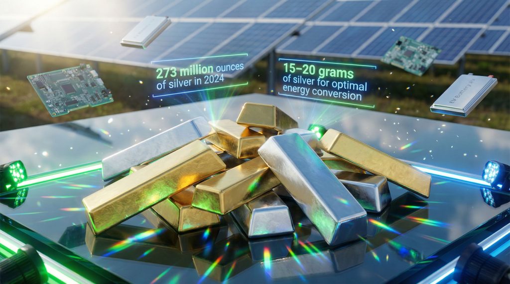 Gold and silver bars; green economy highlights.
