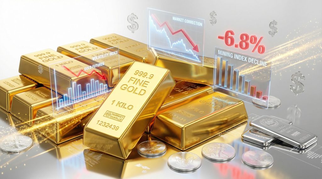 Gold bars and coins amid market decline.