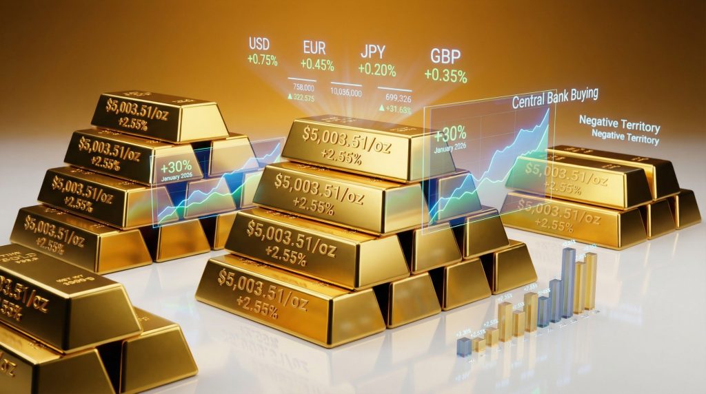 Gold price rises above $5000, indicators shown.