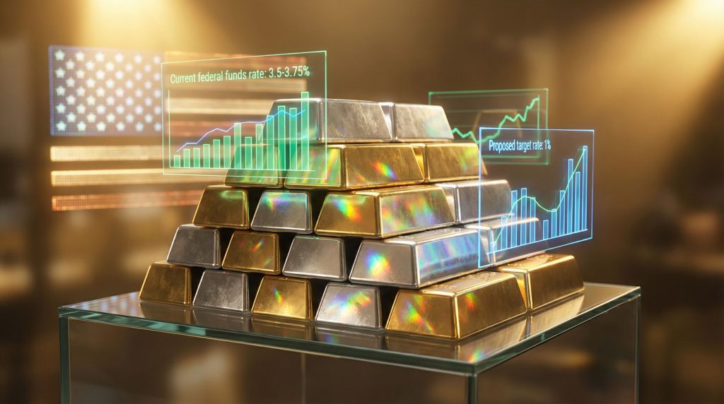 Gold and silver bars with economic charts.