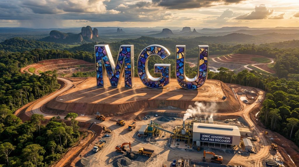Magnum Mining and Exploration Ltd-MGU-MGU letters overlooking a forested landscape.