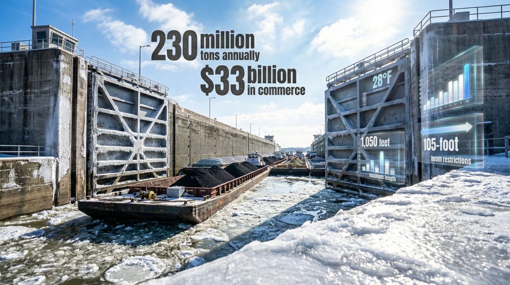 Barges stuck on icy Ohio River locks.