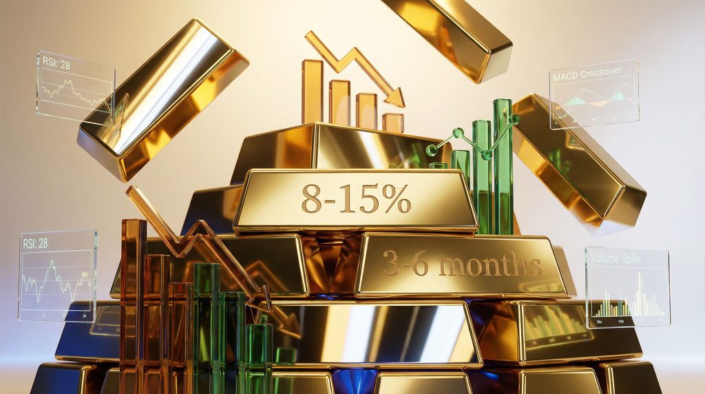 Gold correction warnings, gold bars with charts.