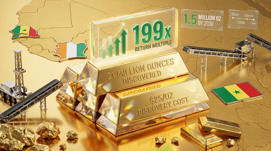 Cockerill's value 20-bagger with Endeavour Mining: gold bars, growth stats, African map.