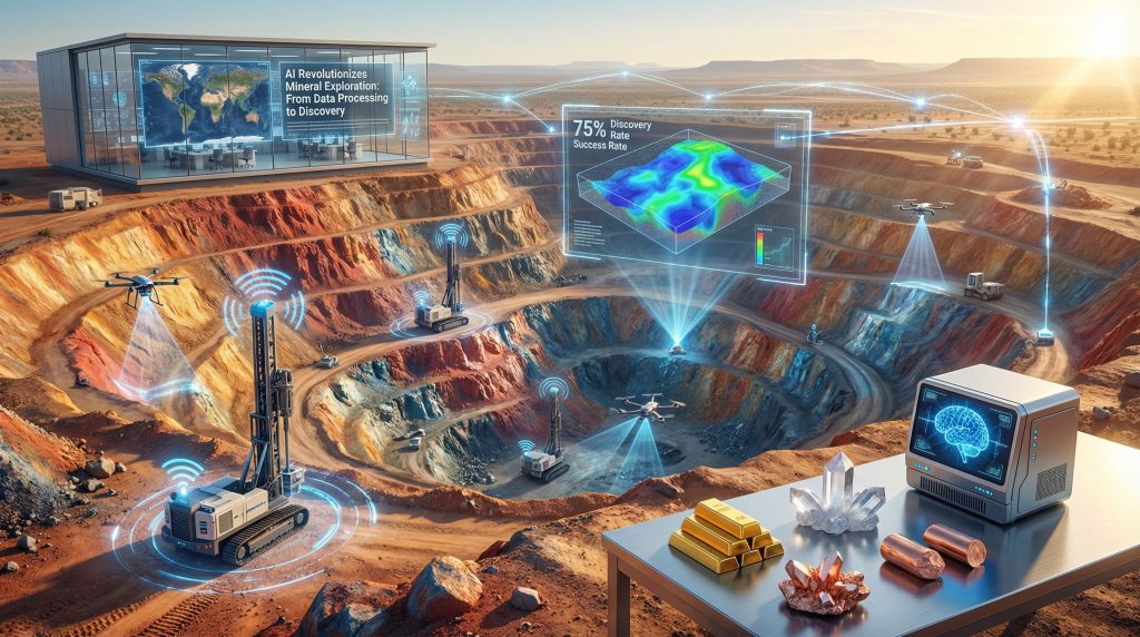 Futuristic AI in mineral exploration scene.