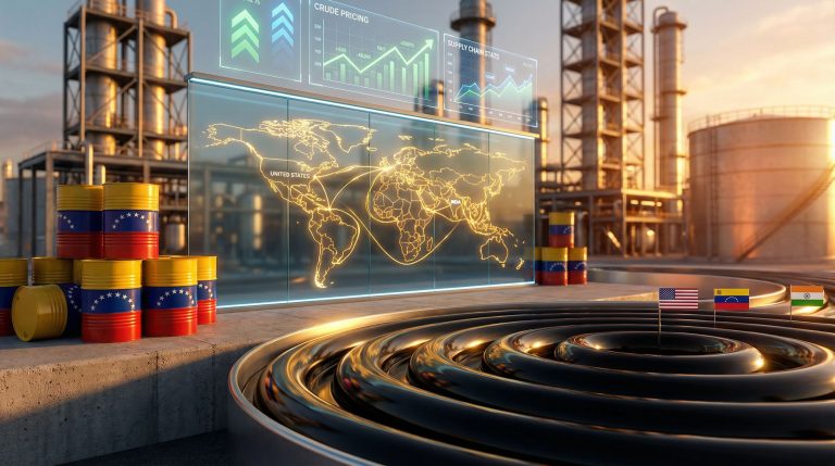 Venezuelan oil barrels with global trade map.