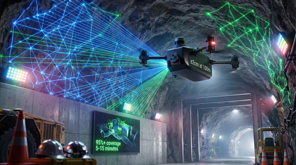 Drone performing Emesent autonomous underground mapping.