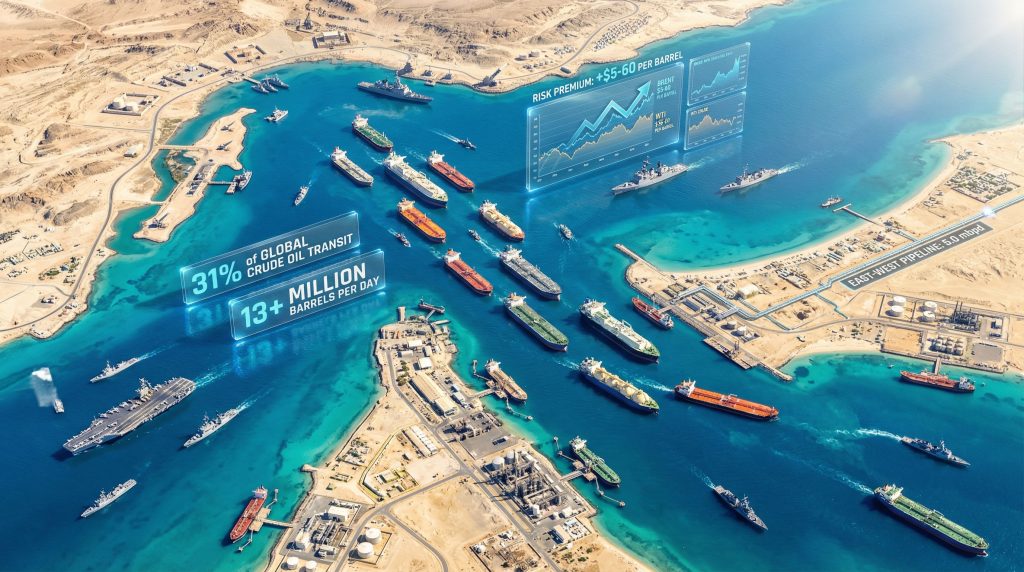 Ships navigate crowded Strait of Hormuz.