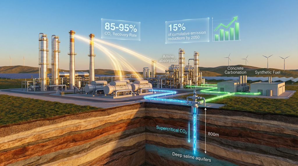 Industrial facility showcasing carbon capture utilisation and storage.