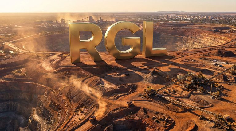 Riversgold Ltd-RGL-RGL letters overlooking expansive mining landscape.