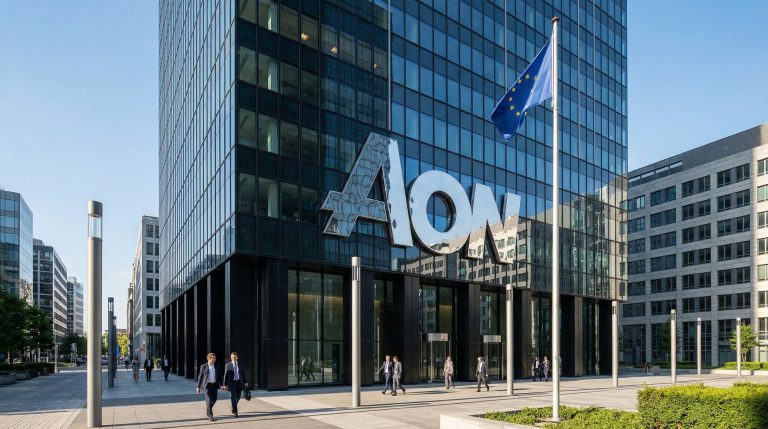 Apollo Minerals Ltd-AON-Aon building facade with European flag.
