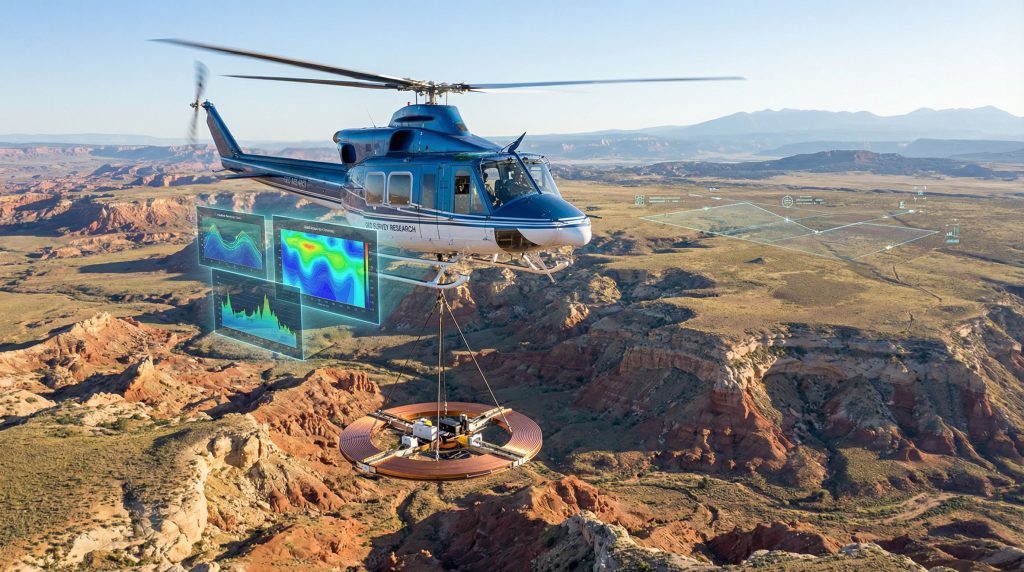Helicopter conducting survey flights over canyons.