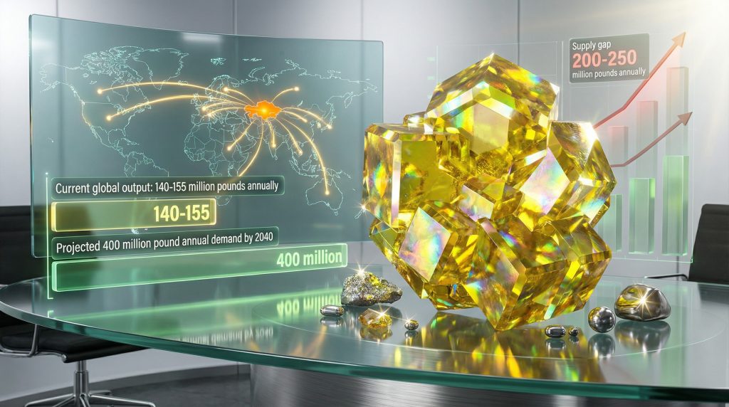 Holographic data visualizing global uranium shortage.