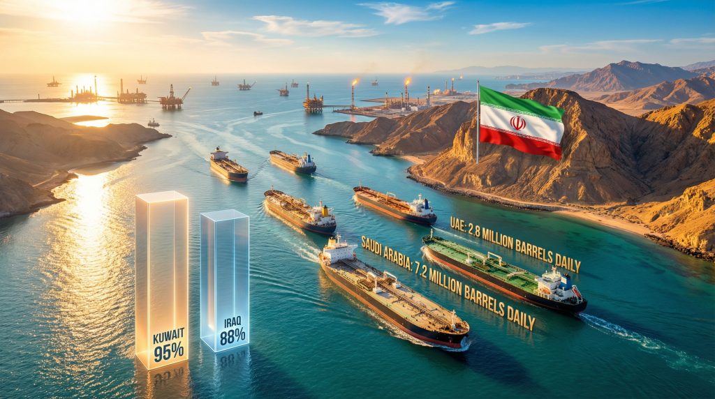 Oman coastline with oil tankers and statistics.