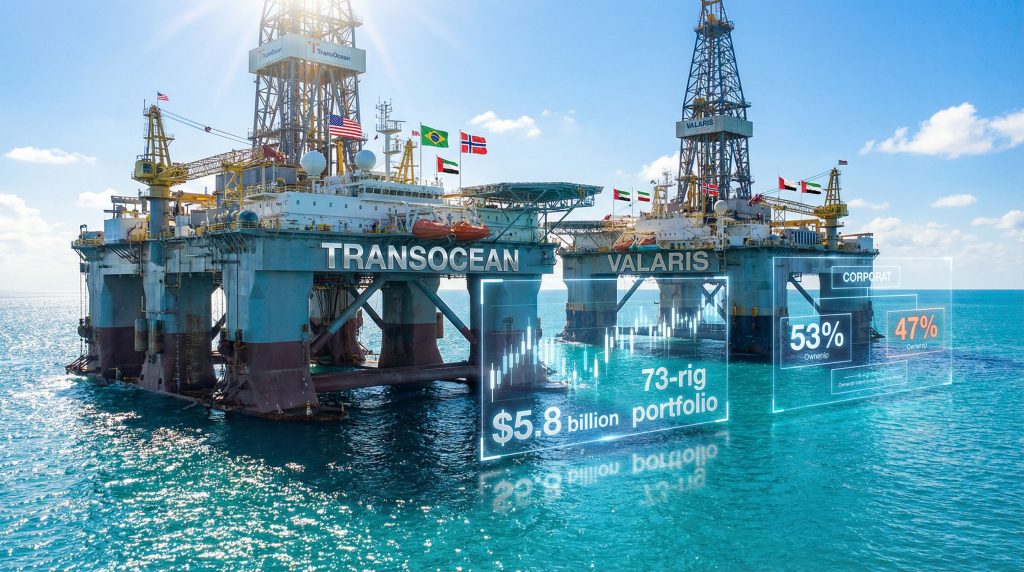 Offshore rigs highlighting Transocean Valaris merger.