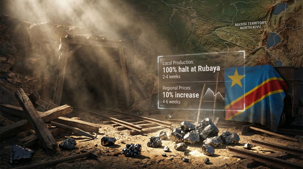 Collapsed Rubaya mine with production halt.
