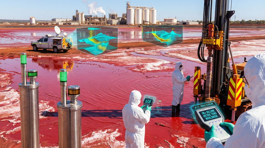 Scientists conducting red mud contamination investigation.