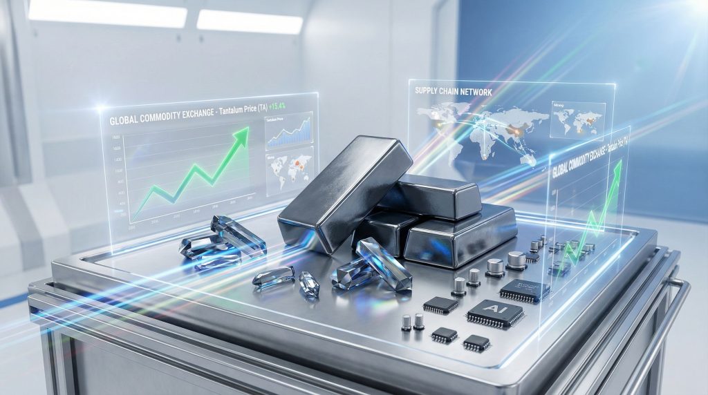Tantalum prices surge depicted with holographic graphs.