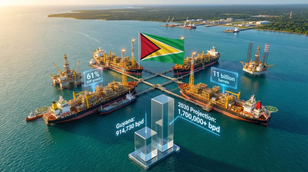 Guyana oil boom with offshore platforms.