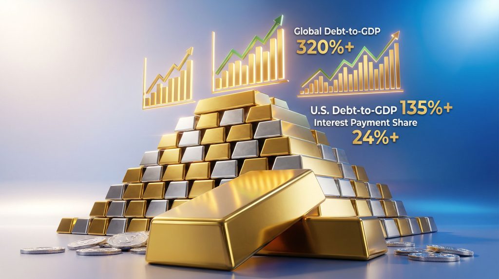 Gold and silver bars symbolize rising government debt.