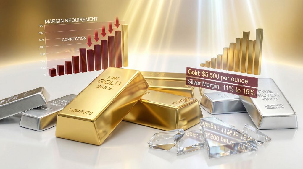 Gold and silver bars with market data.