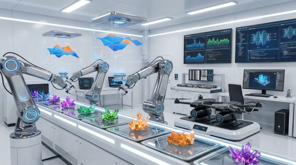Robotic arms analyzing rare earth crystals.