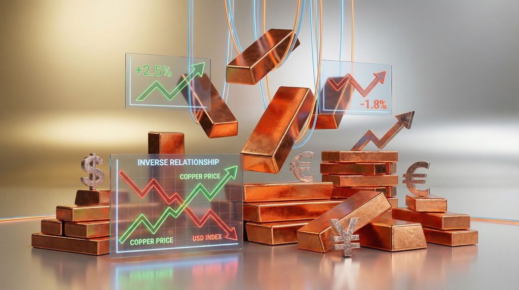 Copper prices influenced by dollar fluctuations.
