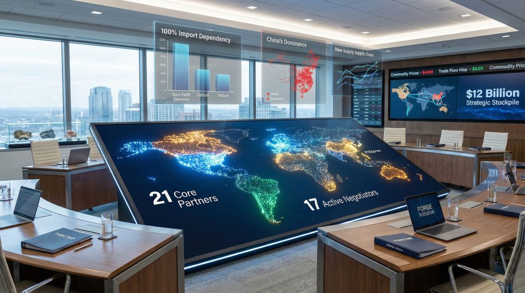 Conference room analyzing US critical minerals trade bloc.