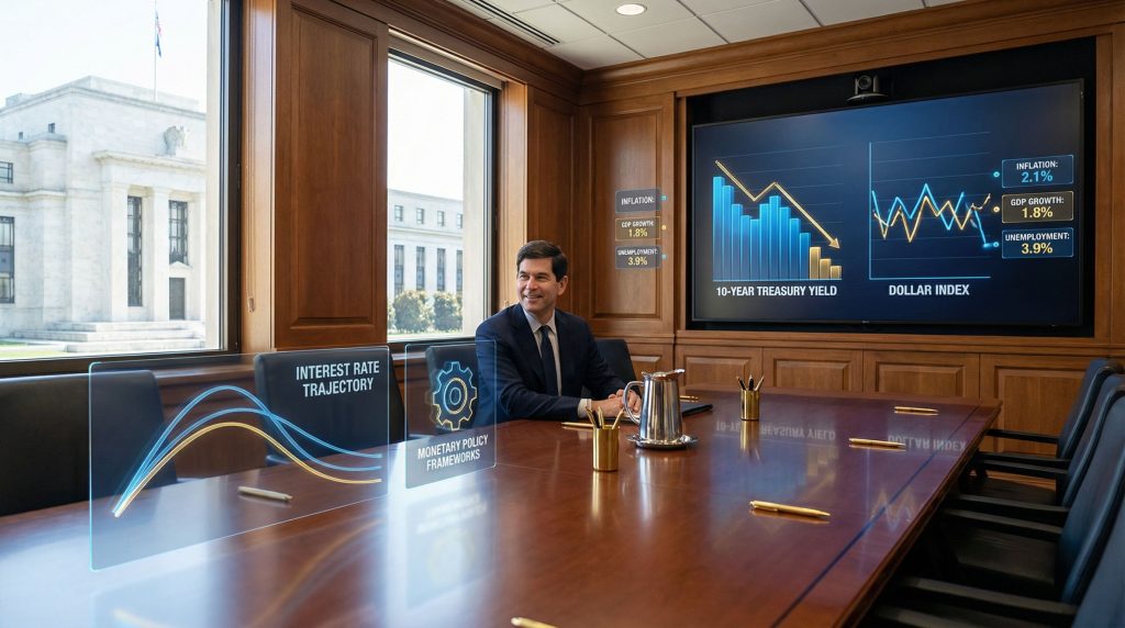 Trump nominates Kevin Warsh for Fed chair: Warsh in conference room, financial charts displayed.