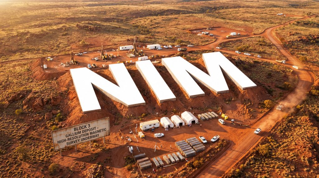 Nimy Resources Ltd-NIM-NIM logo on desert landscape, survey site.