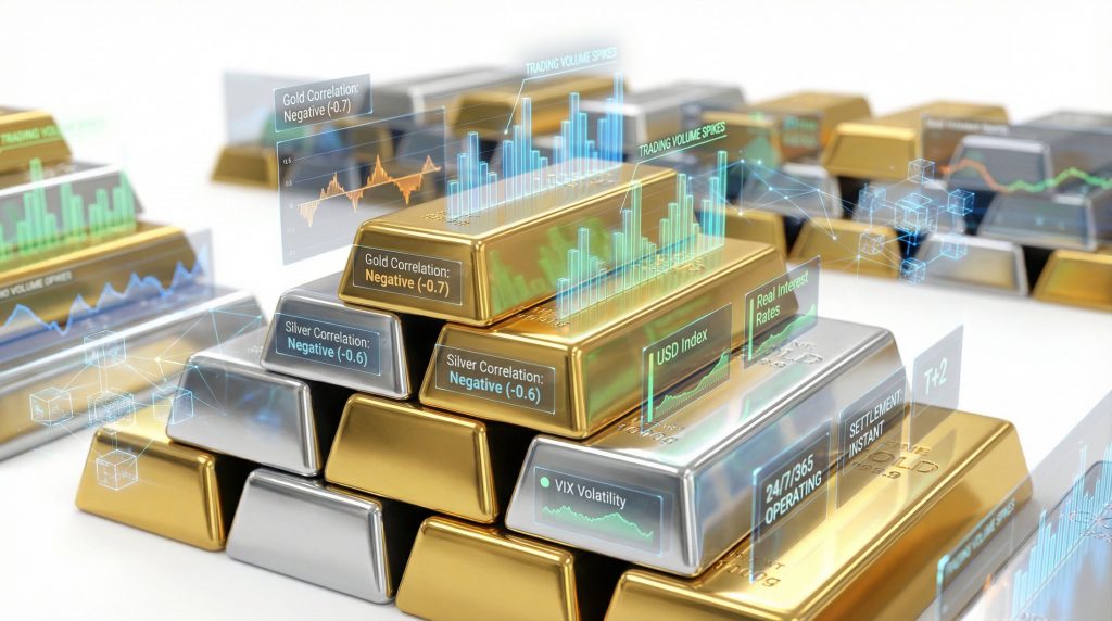 Gold and silver trading with data overlays.