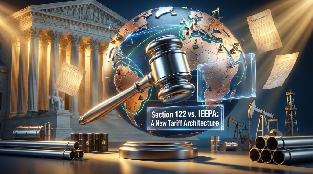 Gavel and globe illustrate oil tariff decision.