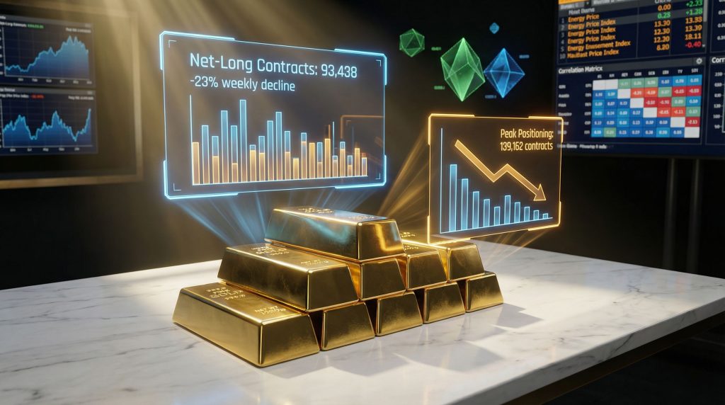 Gold bars and financial charts, reflecting hedge funds cut bullish gold wagers.