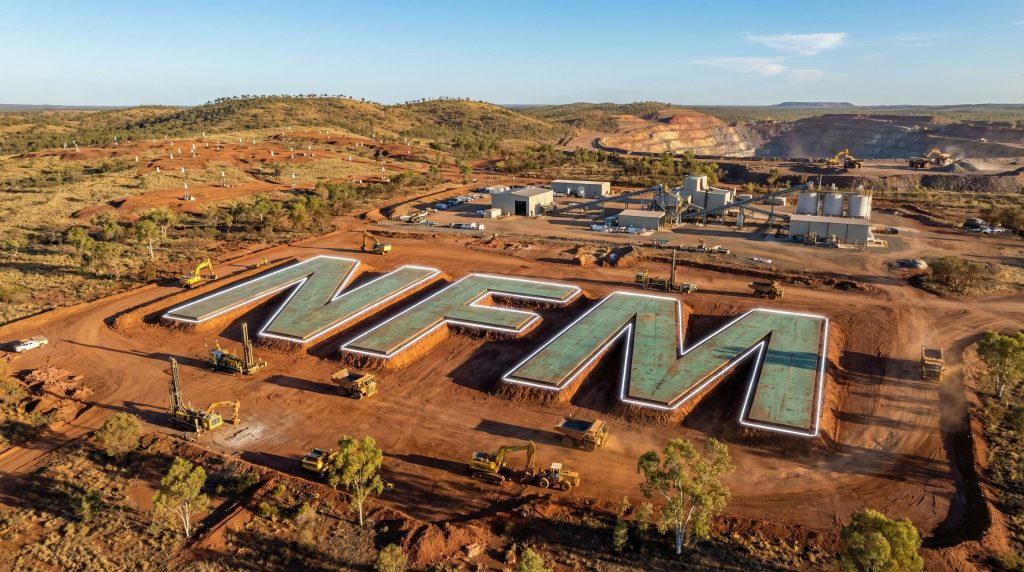 New Frontier Minerals Ltd-NFM-NFM lettering on mining site landscape.