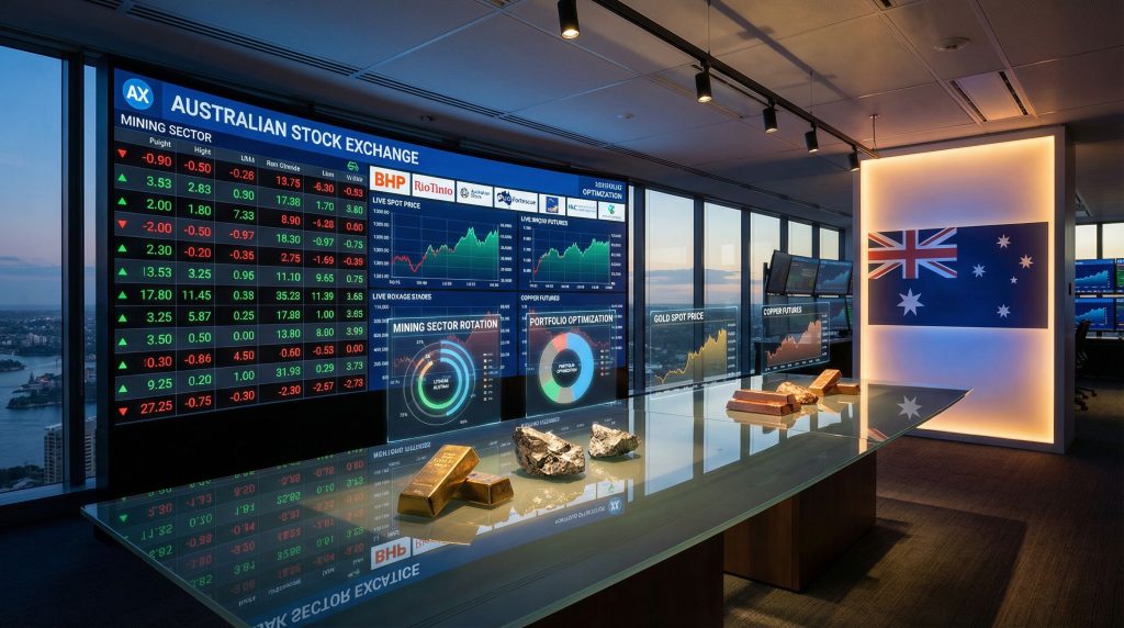 Australian Stock Exchange mining shares display.