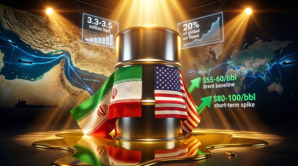 Oil barrel with Iran-US flags, price impact.