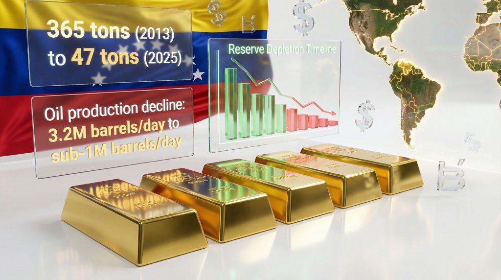 Venezuela gold reserves decline, oil production drops.
