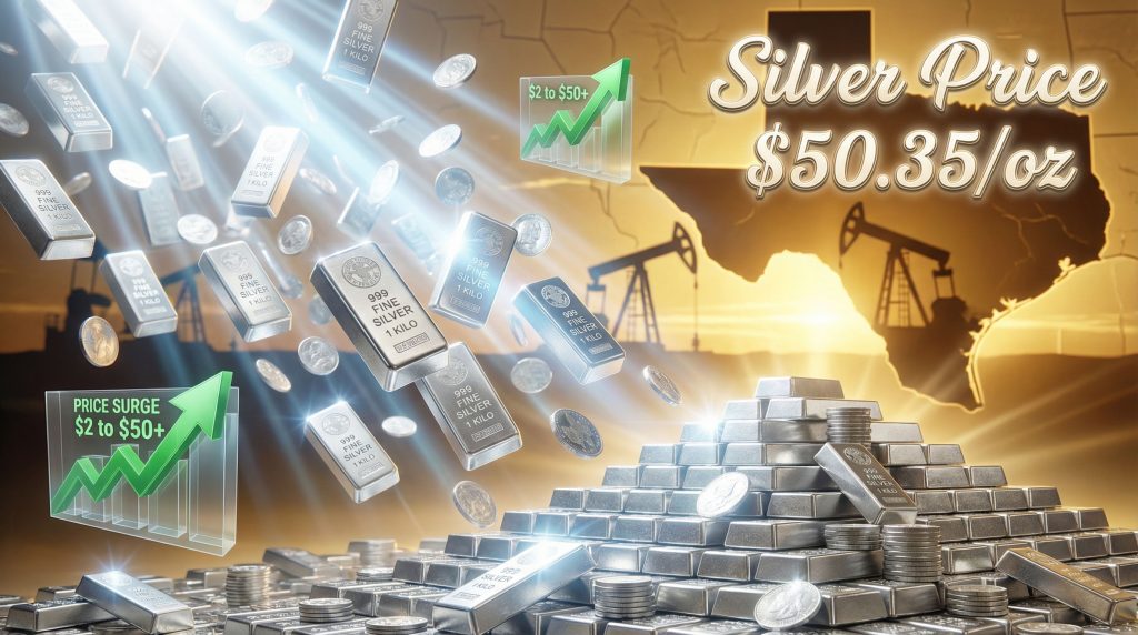Silver bars and coins with rising prices.