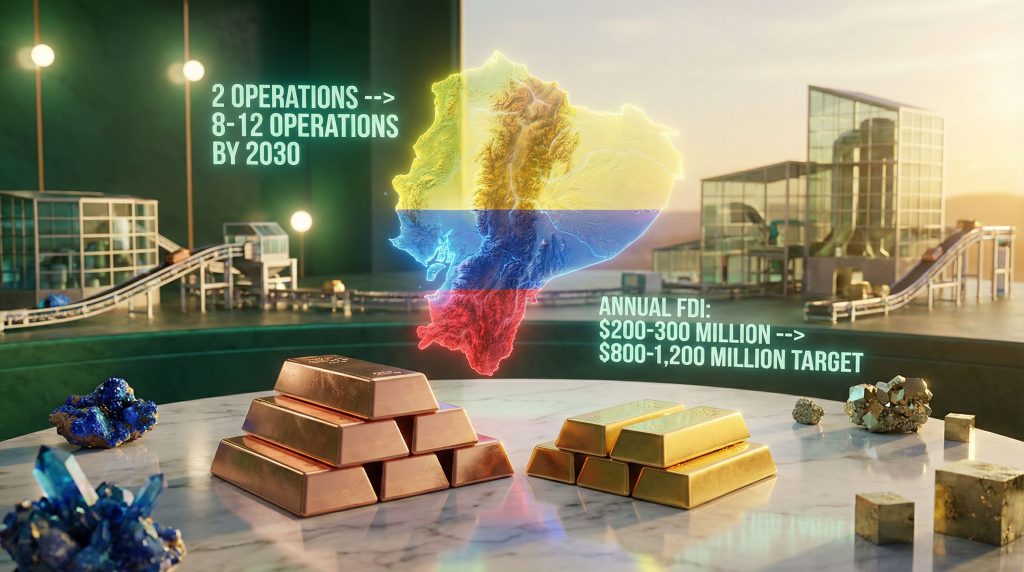 Ecuador mining investment reform infographic with projections.
