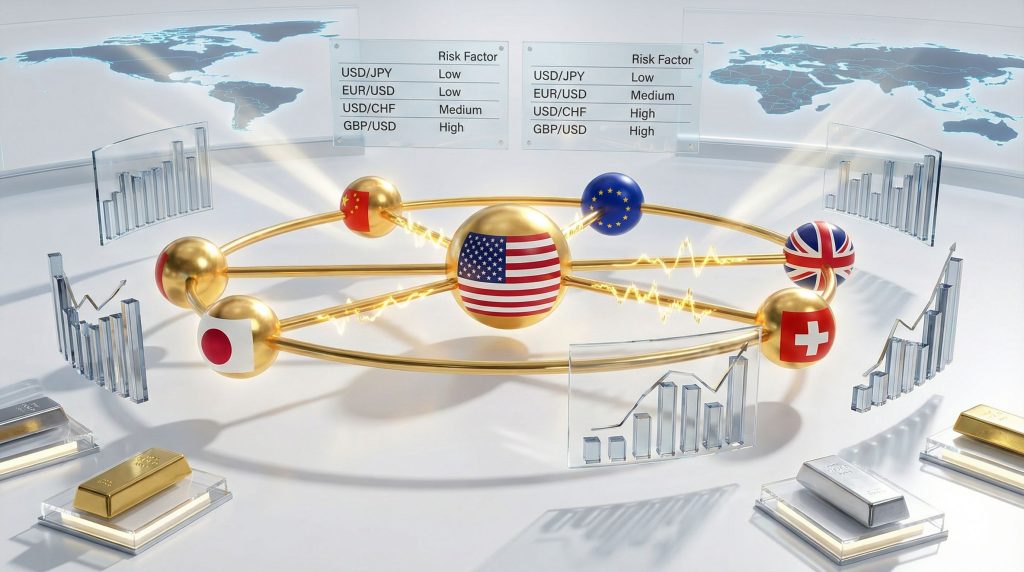 Global currencies and US tariff uncertainty visualization.