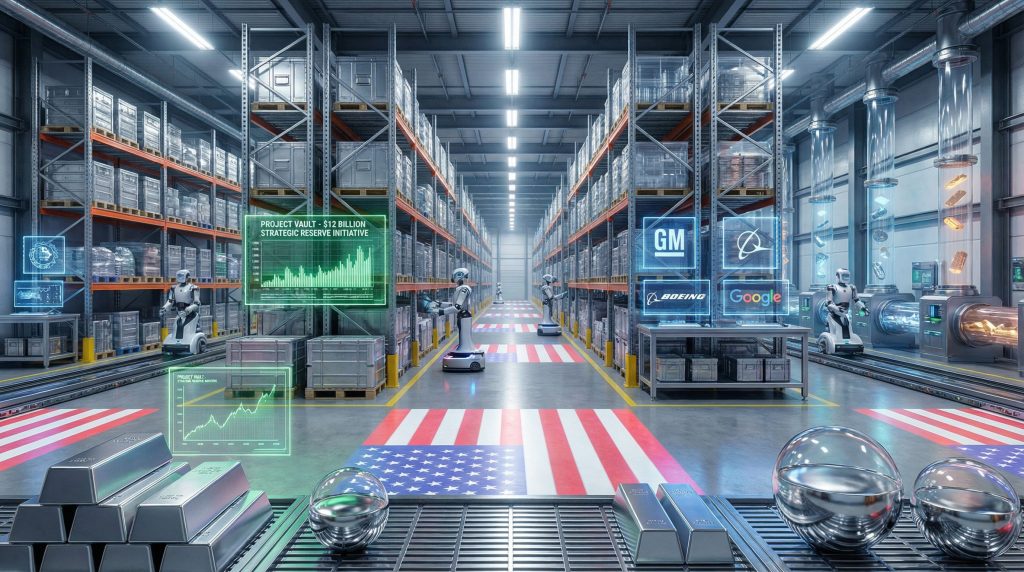Project Vault critical minerals warehouse and robots.