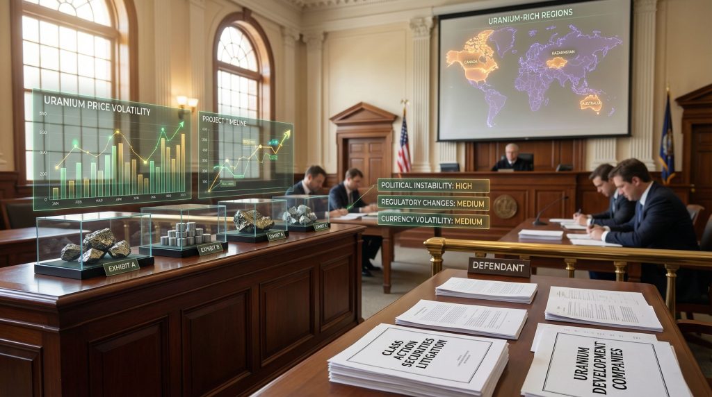 Courtroom scene with charts and reports.