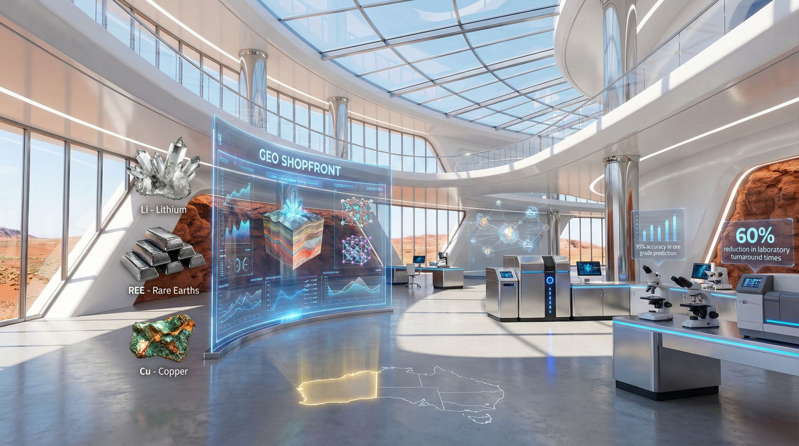 Futuristic laboratory for critical minerals exploration.