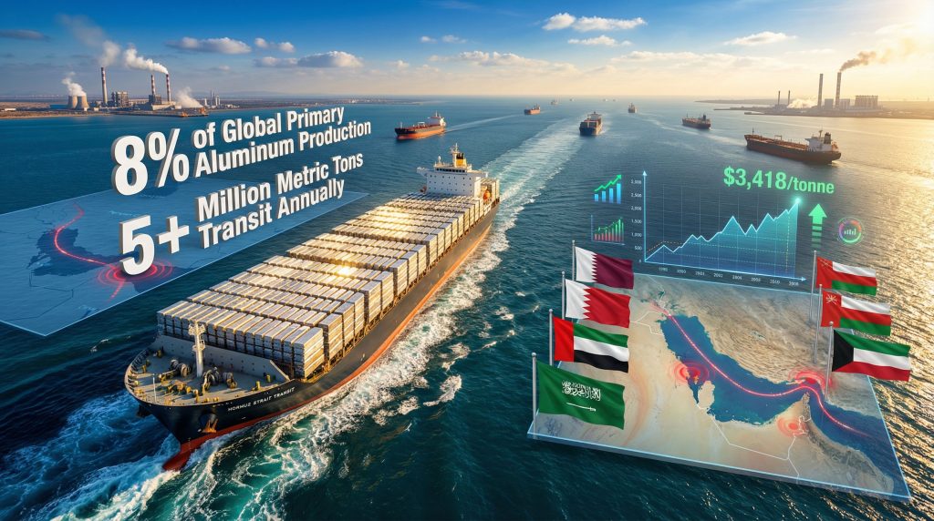 Strait of Hormuz aluminum supply disruption visualization.