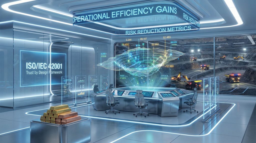 Futuristic mining control room with AI.
