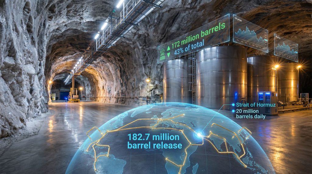 Underground oil storage depicting IEA reserves release.