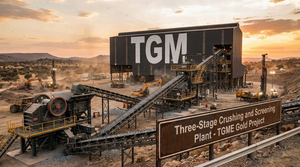 Theta Gold Mines Ltd-TGM-TGME Gold Project mining facility at sunset.