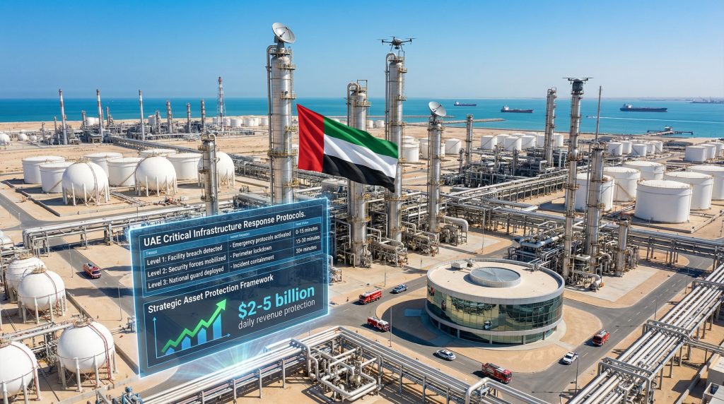 Ruwais industrial complex with UAE flag.